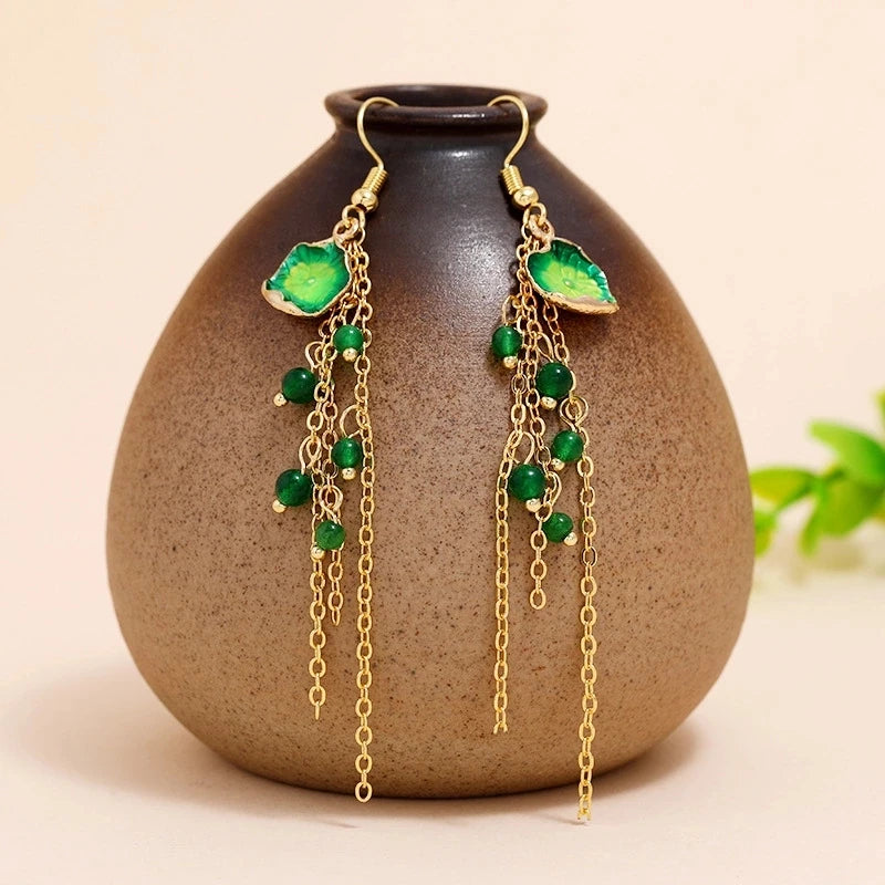 Chinese Hanfu Silver Earrings, Retro Style, Thin Face, Tassels, Long Fairy Green