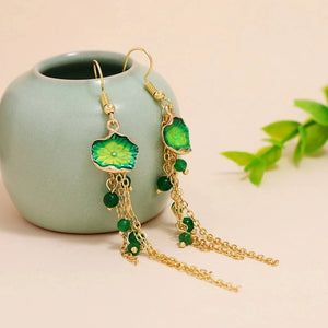 Chinese Hanfu Silver Earrings, Retro Style, Thin Face, Tassels, Long Fairy Green