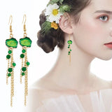Chinese Hanfu Silver Earrings, Retro Style, Thin Face, Tassels, Long Fairy Green