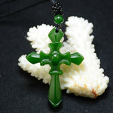 Chinese Green Jade Cross Pendant Necklace Hand-Carved Healing Amulet