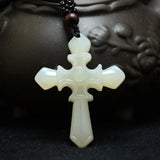Chinese Green Jade Cross Pendant Necklace Hand-Carved Healing Amulet