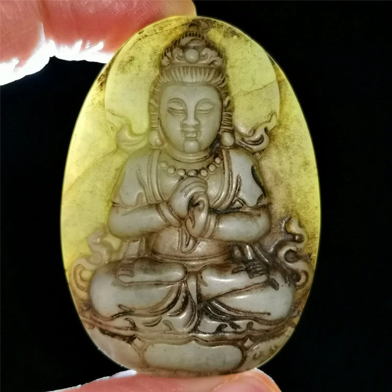 Old Rare Chinese Jadeite Hand-Carved Pendant Necklace Statue Bodhisattvas