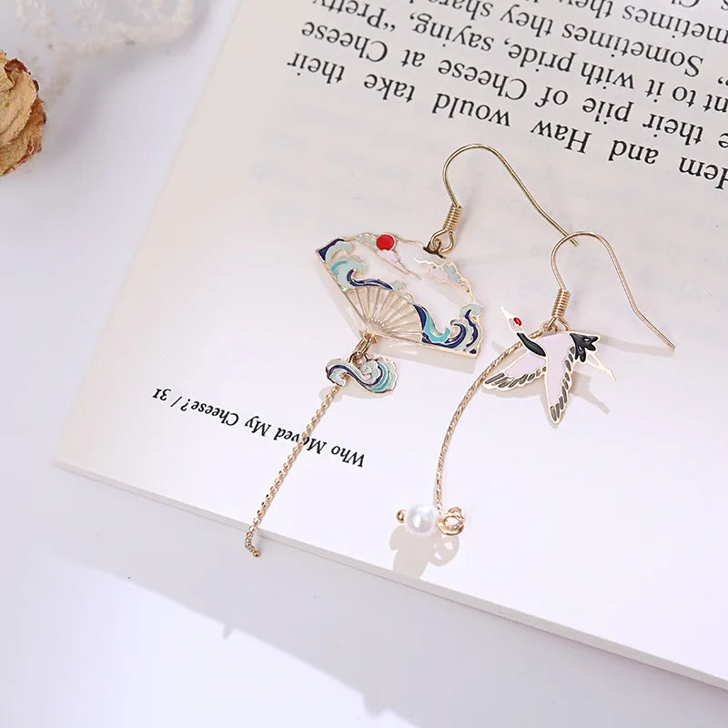 Chinese Crane Cloud Fan Earrings for Women