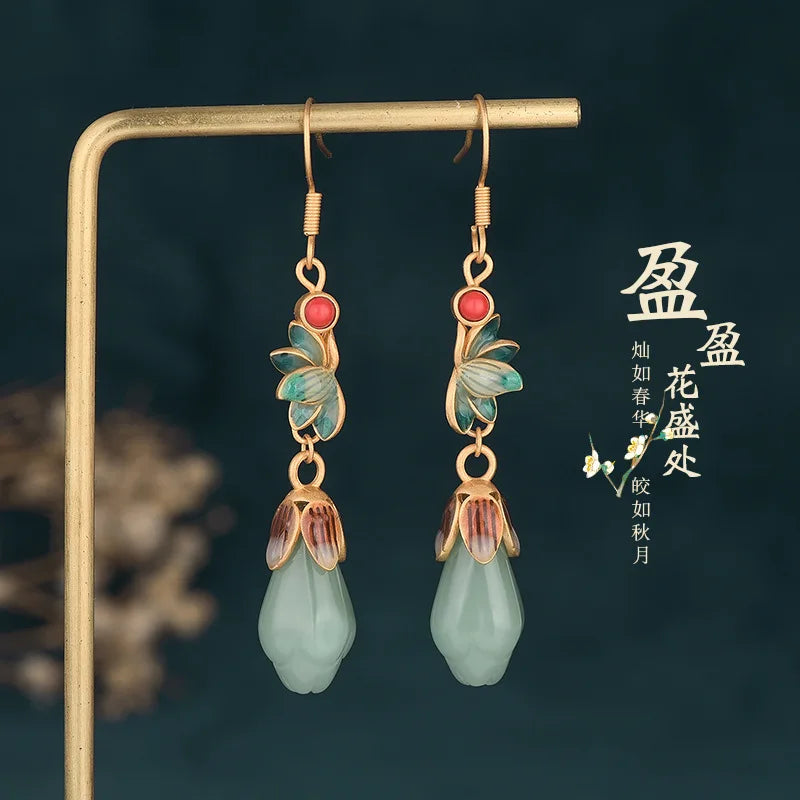 Chinese Hanfu Green Earrings Romantic Wedding Jewelry with Box