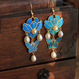 Chinese Antique Enamel Porcelain Butterfly Tassel Earrings