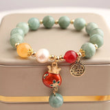 Chinese Glazed Bead Stone Bracelet with Gourd Pendant
