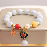 Chinese Glazed Bead Stone Bracelet with Gourd Pendant