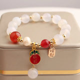 Chinese Glazed Bead Stone Bracelet with Gourd Pendant