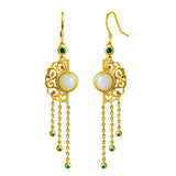 Chinese Hetian Jade Tassel Long Earrings Silver Retro Hanfu Jewelry