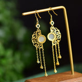 Chinese Hetian Jade Tassel Long Earrings Silver Retro Hanfu Jewelry