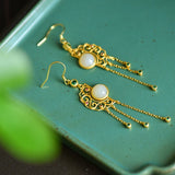 Chinese Hetian Jade Tassel Long Earrings Silver Retro Hanfu Jewelry