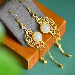 Chinese Hetian Jade Tassel Long Earrings Silver Retro Hanfu Jewelry
