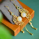 Chinese Hetian Jade Tassel Long Earrings Silver Retro Hanfu Jewelry