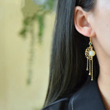 Chinese Hetian Jade Tassel Long Earrings Silver Retro Hanfu Jewelry