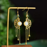 Chinese Hetian Jade Tassel Long Earrings Silver Retro Hanfu Jewelry