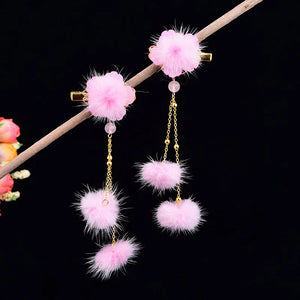 Chinoiserie Hairball Glaze Flower Hairpins Tassel Side Clip
