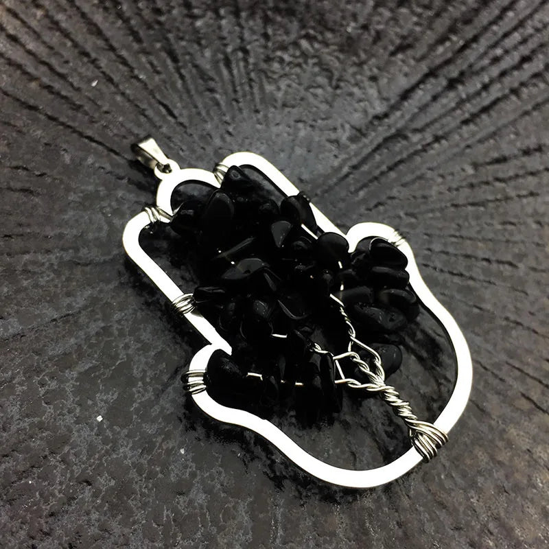 Stone Palm Pendant Charm Copper Wire Necklace Natural Quartz Jewelry