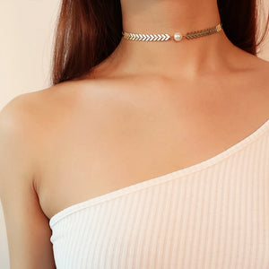 Silver Plated Chain Choker Necklace Fish Bone V Coin Plastic Pearl Women