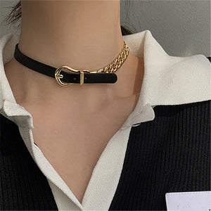 Punk Rock Leather Choker Necklace Geometry Collar Chain