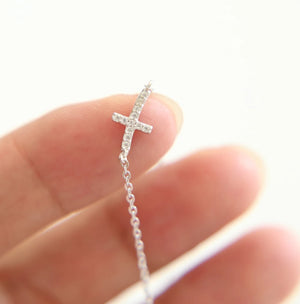Dainty CZ Cross Charm Choker Necklace 925 Sterling Silver Chain