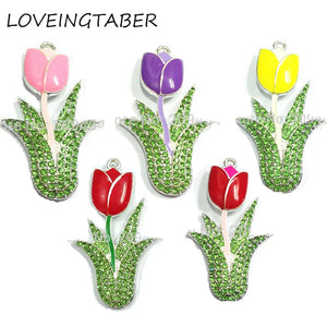 10pcs Tullip Flowers Rhinestone Pendants for Chunky Easter/Summer Necklace