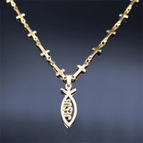 Jesus Ichthys Cross Chain Necklace Stainless Steel