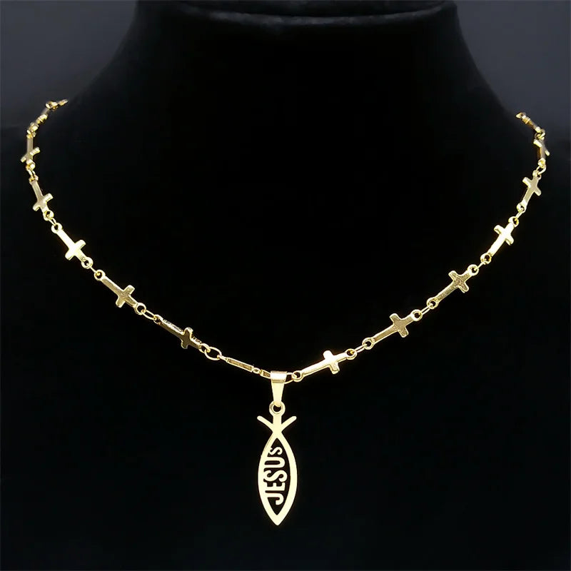 Jesus Ichthys Cross Chain Necklace Stainless Steel