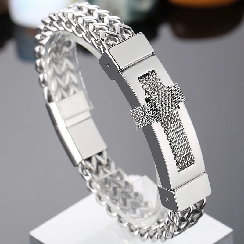 Men's Stainless Steel Christian Cross Bracelet - Engraveable