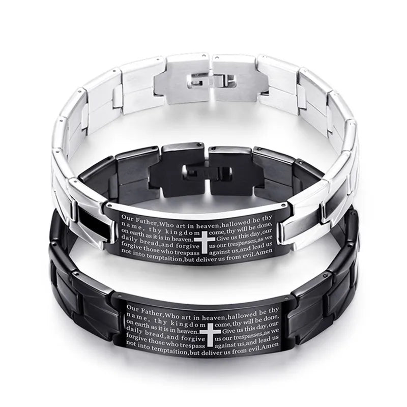Christian English Bible Cross Bracelet Stainless Steel Watch Band Chain