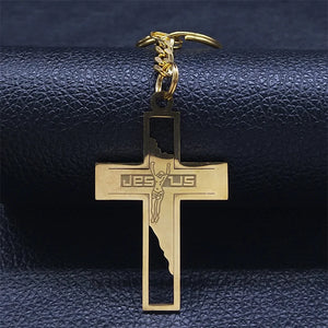 Christian Jesus Cross Keychain, Stainless Steel Religious Christ Keyring