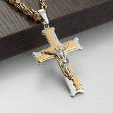 Christian Jesus Cross Pendant Necklace Byzantine Chain Stainless Steel Jewelry