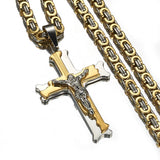 Christian Jesus Cross Pendant Necklace Byzantine Chain Stainless Steel Jewelry