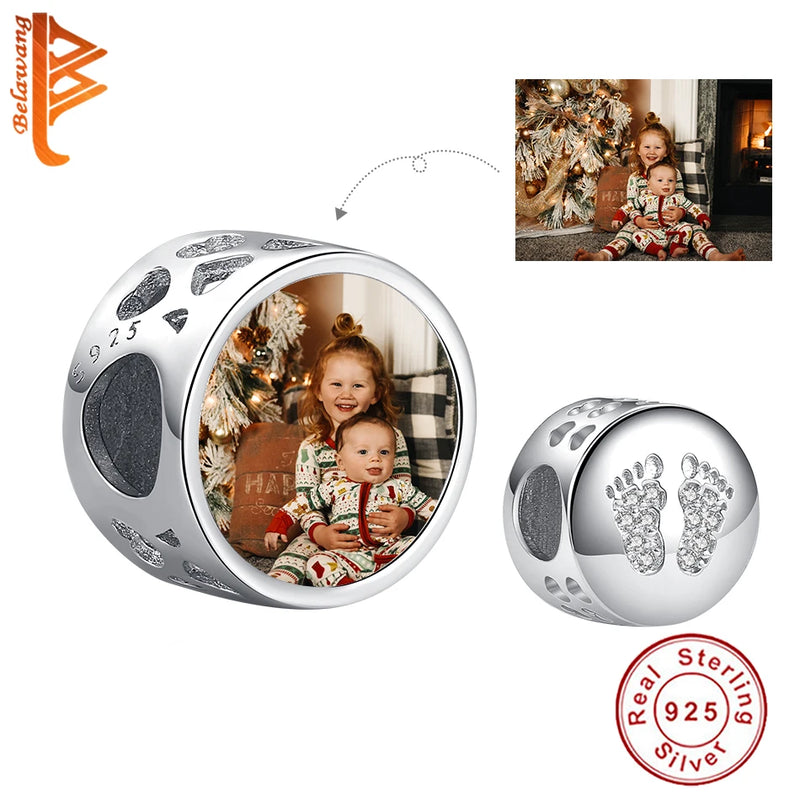 Christmas Custom Photo 925 Sterling Crystal Baby Footprint Beads Charms Bracelet