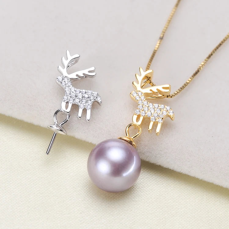 Christmas Deer 925 Sterling Silver Pearl Pendant Necklace Setting