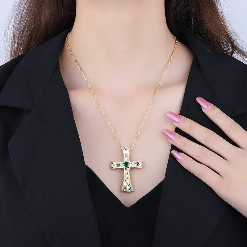Christmas Emerald Gemstones Cross Necklace for Women