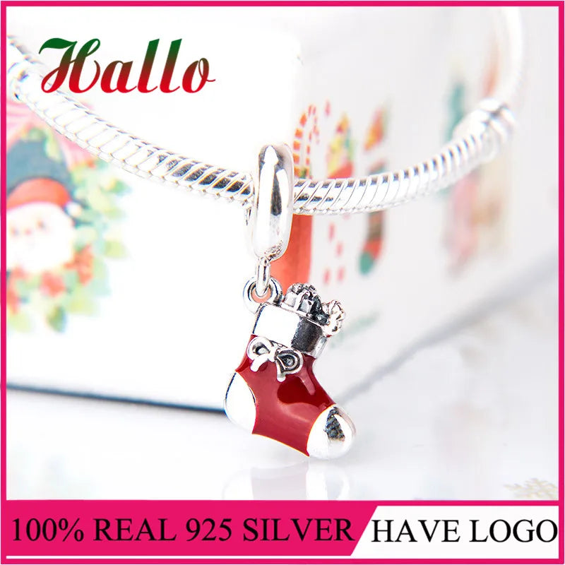 Christmas Stocking Charm Bead for Bracelet, 925 Silver Festive Hanging