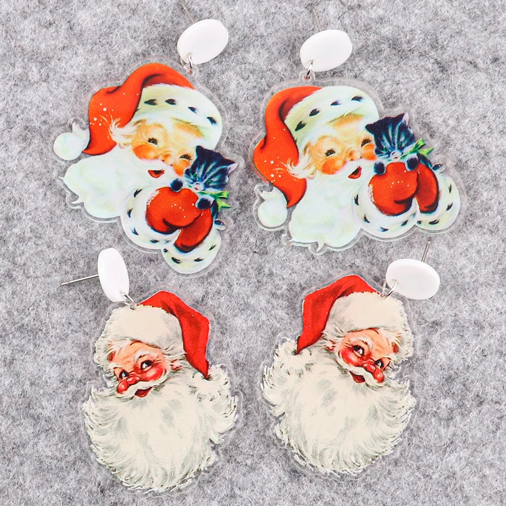 Christmas Santa Cat Acrylic Earrings Vintage Xmas Dangle Jewelry