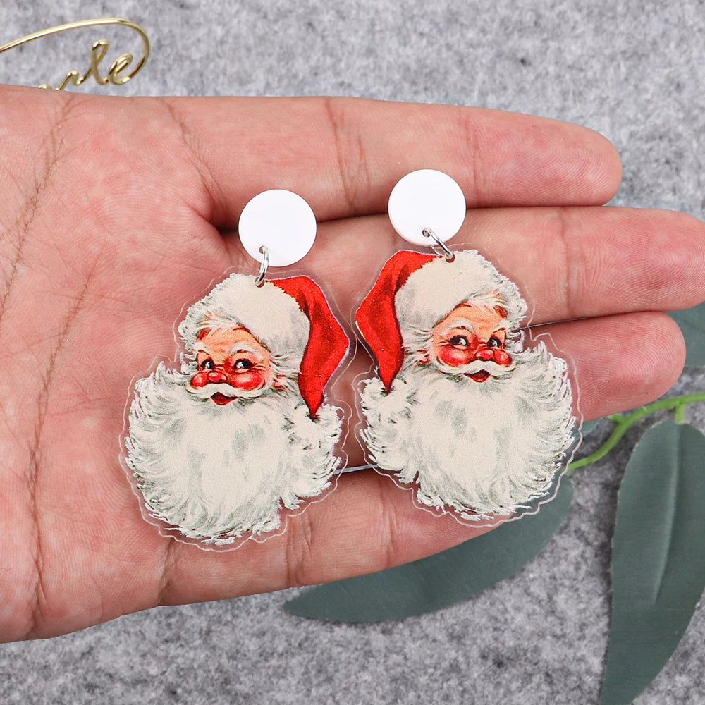 Christmas Santa Cat Acrylic Earrings Vintage Xmas Dangle Jewelry