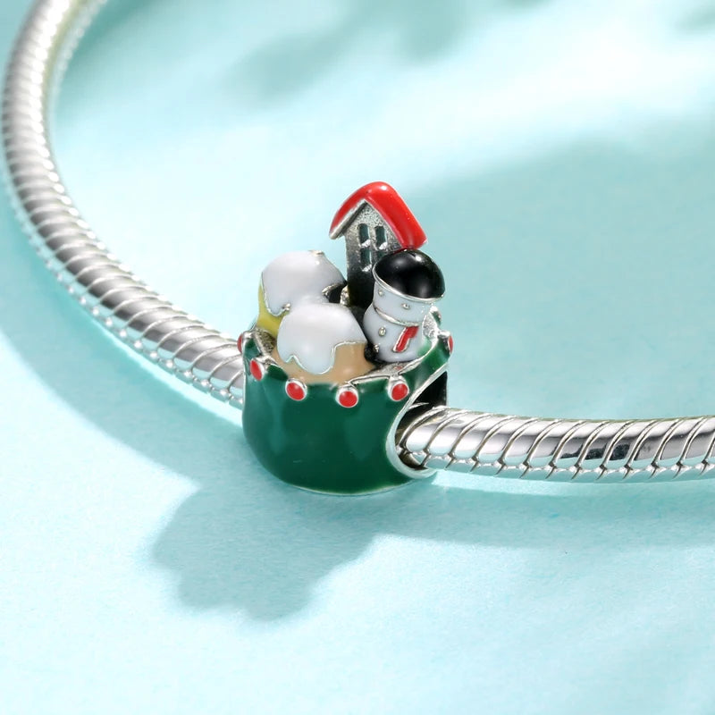 Christmas 925 Silver Charm Pendant Snow House Cake Santa Christmas Sock Bead