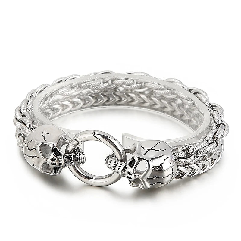 Christmas Punk Skull End Bangle Men's Stainless Steel Double Chain Bracelet
