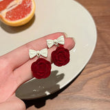 Christmas Red Bow Drop Earring for Women Heart Flocking Bowknot