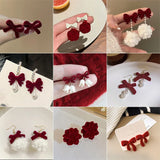 Christmas Red Bow Drop Earring for Women Heart Flocking Bowknot