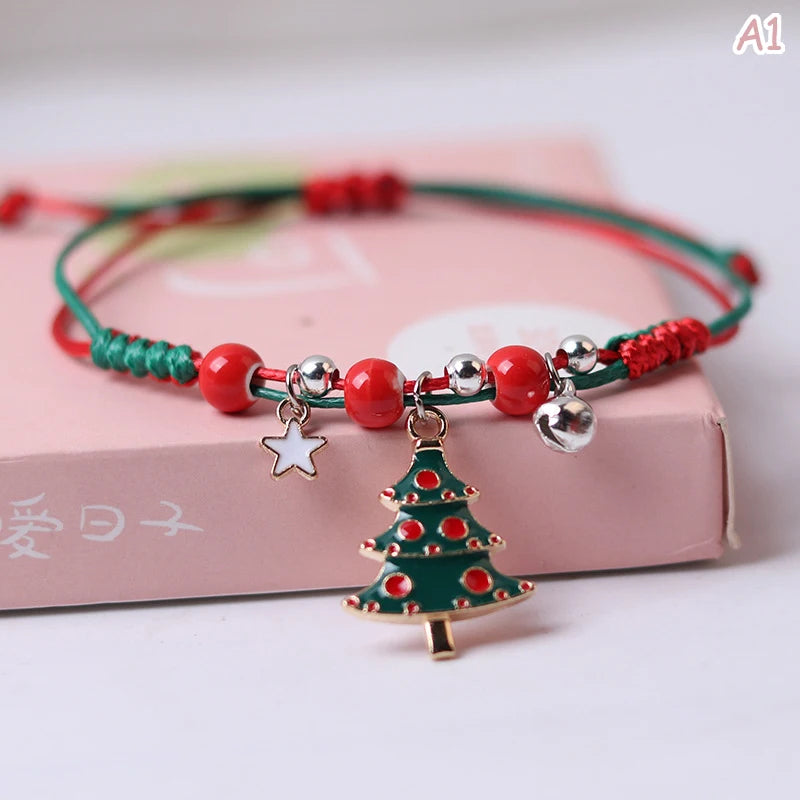 Christmas Theme Braided Rope Bracelet Santa Claus Elk Xmas Tree Pendant