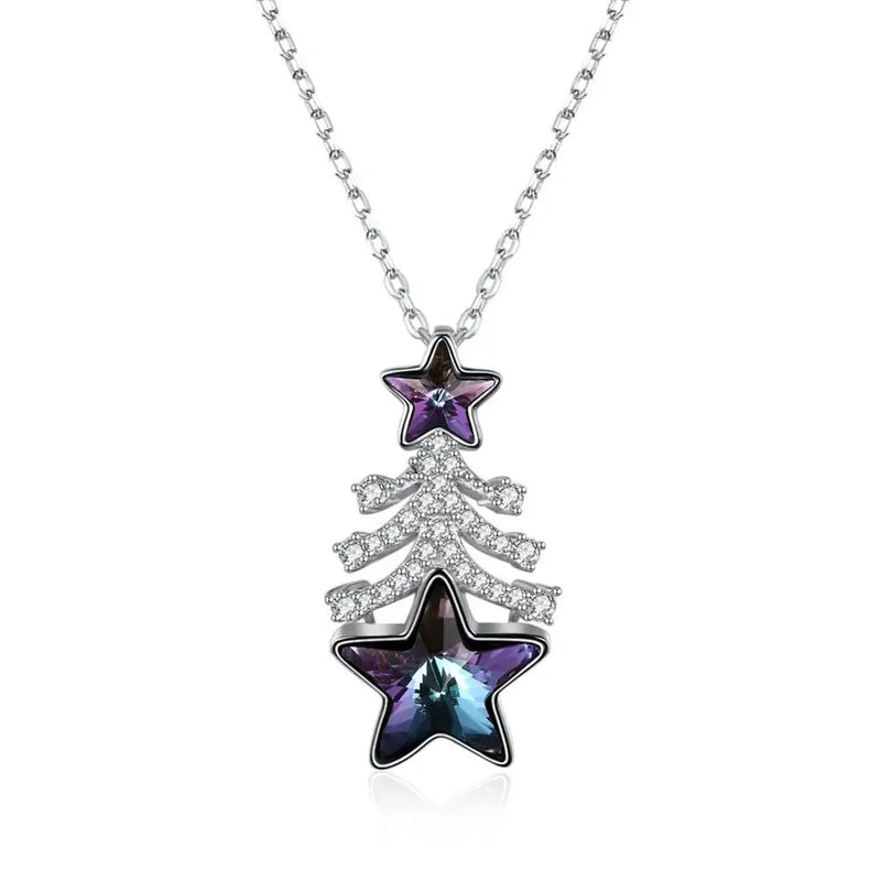 Christmas Tree Necklace 925 Silver Crystal Star Pendant Fine Jewelry