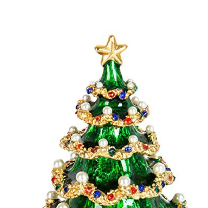 Hand Painted Vintage Style Christmas Tree Enameled Jewelry Trinket Box