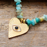 Chunky Amazonite Stone Heart Pendant Necklace Women Beaded Short Choker