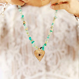 Chunky Amazonite Stone Heart Pendant Necklace Women Beaded Short Choker