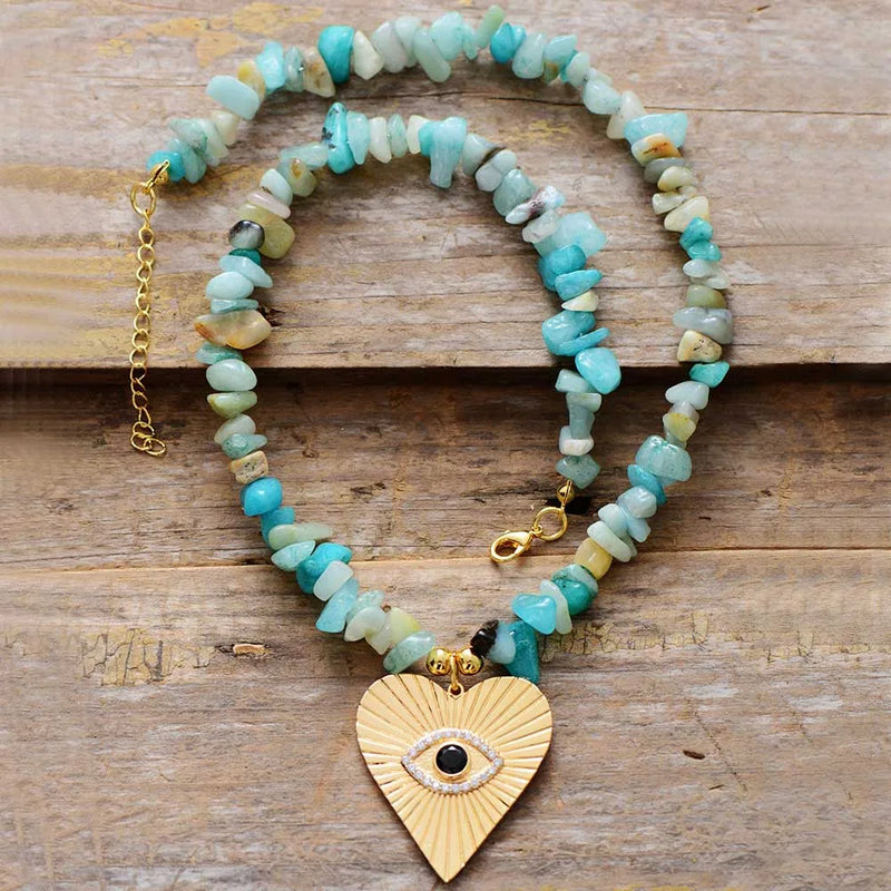 Chunky Amazonite Stone Heart Pendant Necklace Women Beaded Short Choker