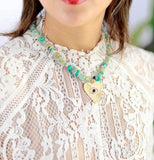 Chunky Amazonite Stone Heart Pendant Necklace Women Beaded Short Choker