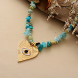 Chunky Amazonite Stone Heart Pendant Necklace Women Beaded Short Choker
